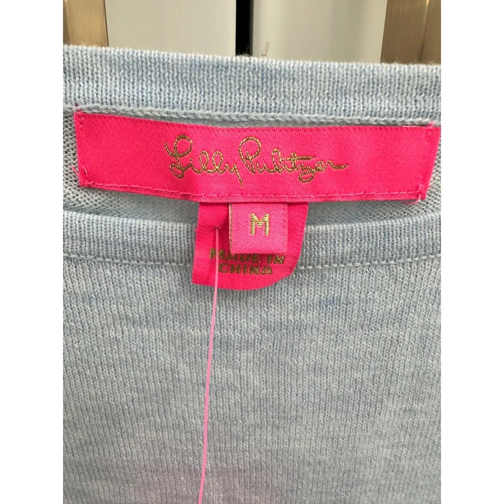 Lilly Pulitzer Charla Sweater Blue Heathered‎ Coolmax Metallic Ruffle Cuff M NEW